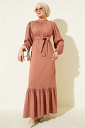 High-Neck Ruched Dress, Tan