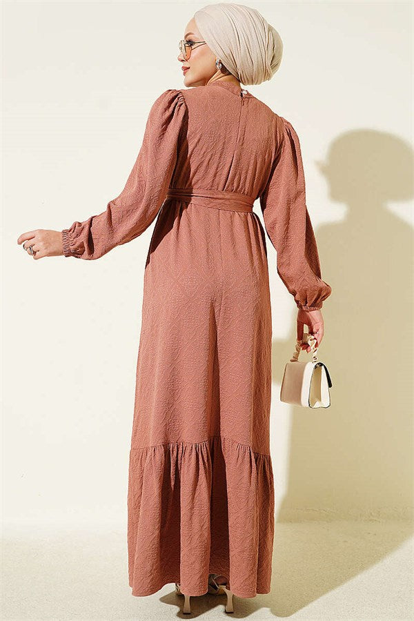 High-Neck Ruched Dress, Tan