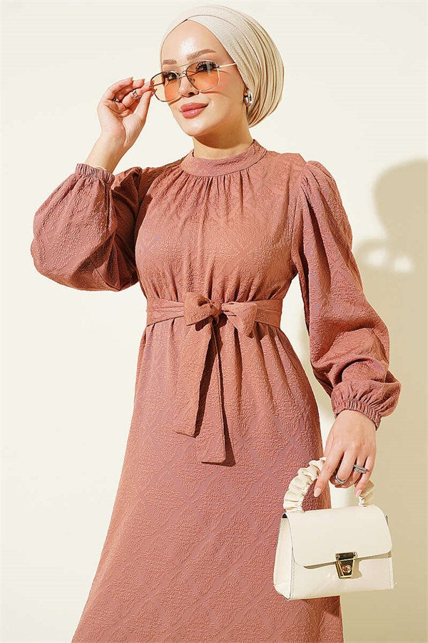 High-Neck Ruched Dress, Tan