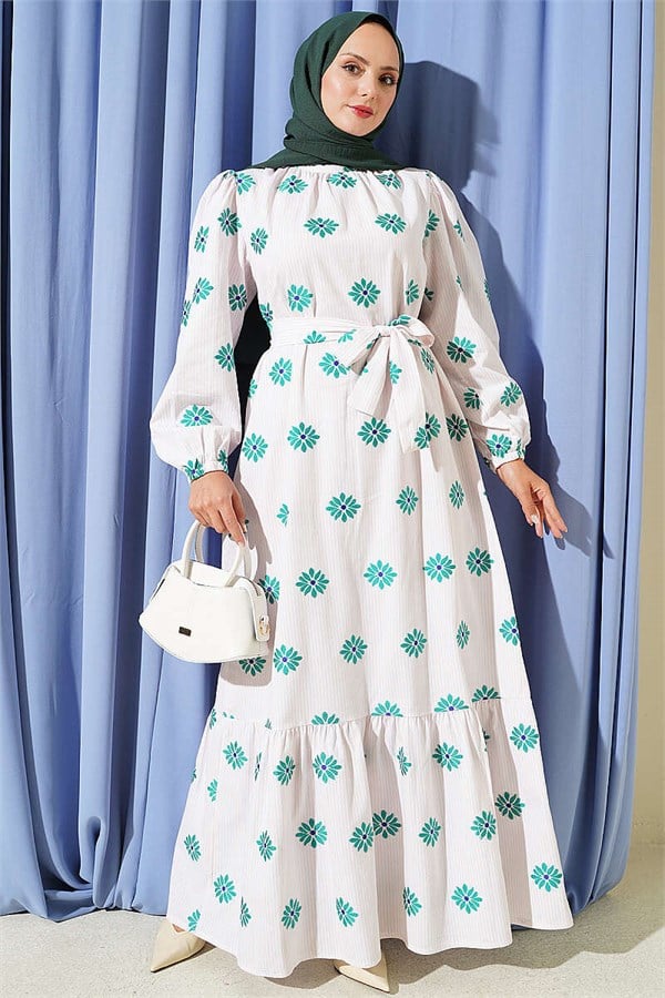 High-Neck Floral Print Dress with Stones