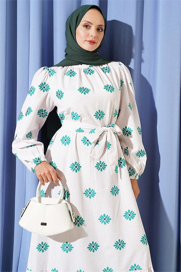 High-Neck Floral Print Dress with Stones