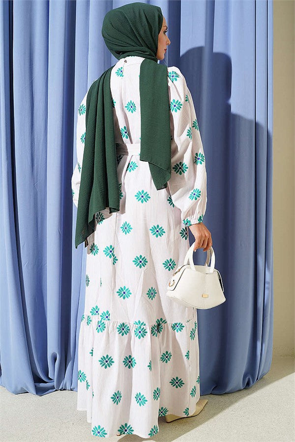 High-Neck Floral Print Dress with Stones