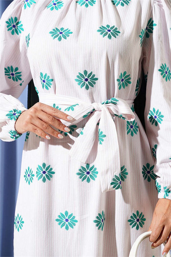 High-Neck Floral Print Dress with Stones