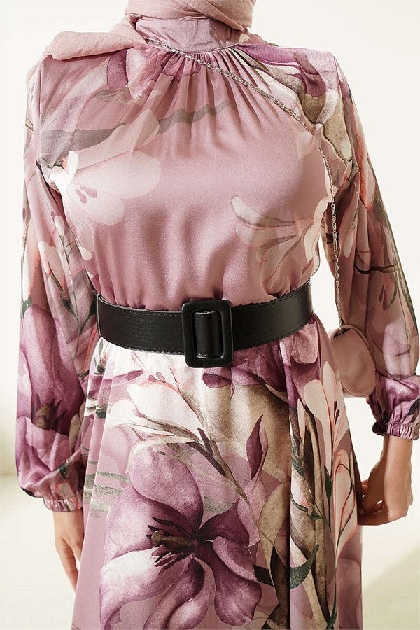 High-Neck Floral Print Satin Dress, Purple