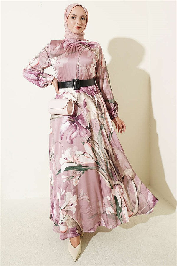 High-Neck Floral Print Satin Dress, Purple