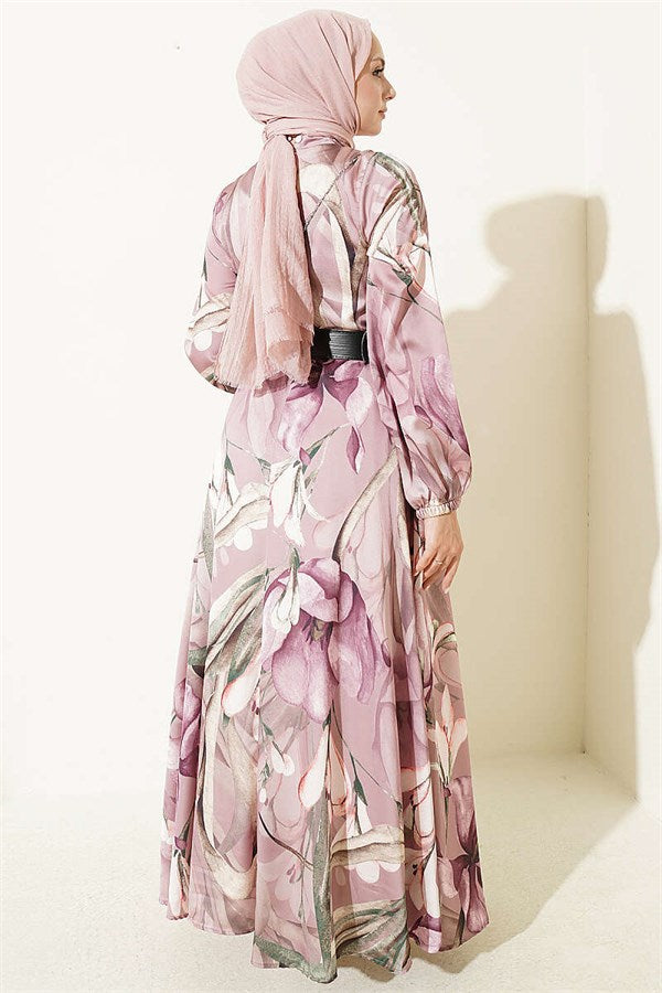 High-Neck Floral Print Satin Dress, Purple