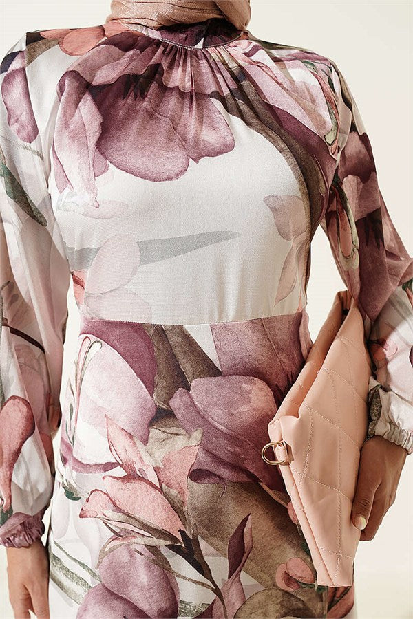 High-Neck Floral Print Satin Dress, Rose Pink