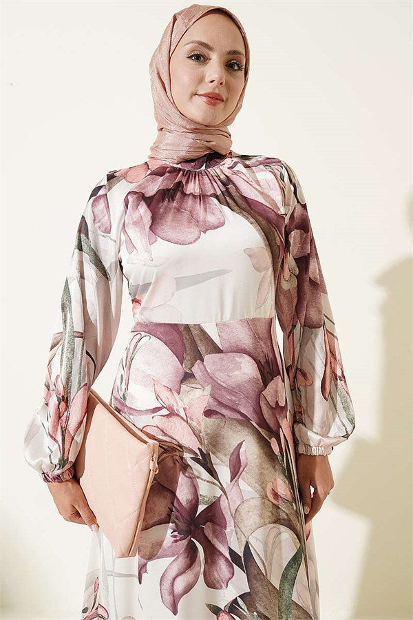 High-Neck Floral Print Satin Dress, Rose Pink