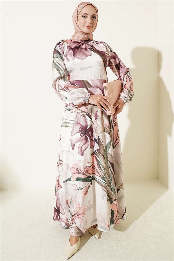 High-Neck Floral Print Satin Dress, Rose Pink