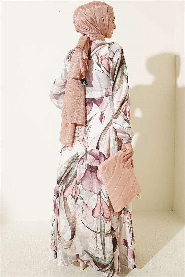 High-Neck Floral Print Satin Dress, Rose Pink