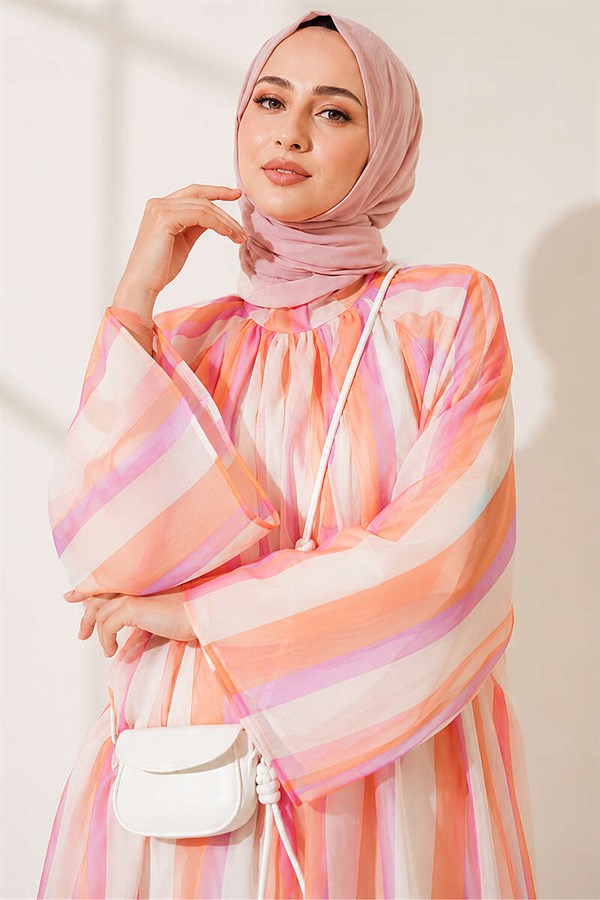High Neck Striped Loose Tunic Orange
