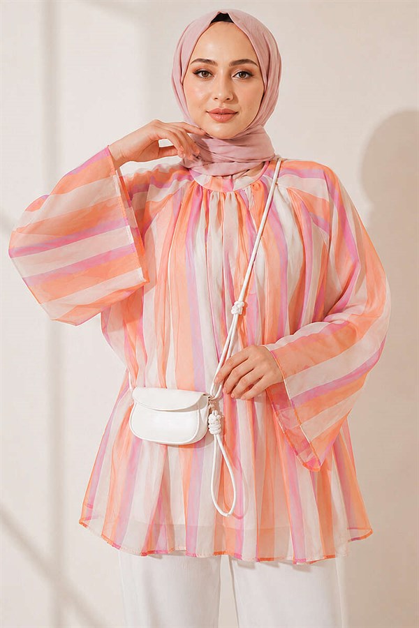 High Neck Striped Loose Tunic Orange