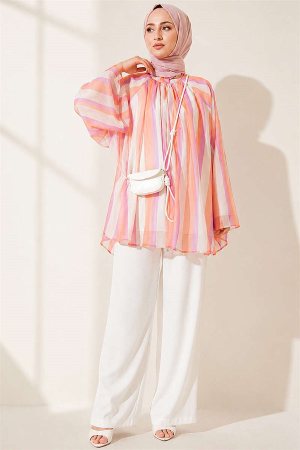 High Neck Striped Loose Tunic Orange