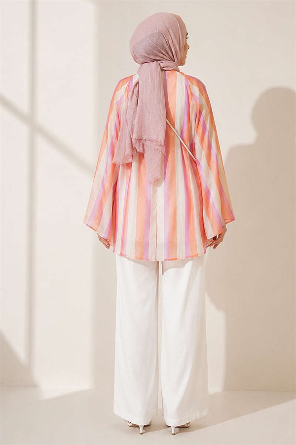 High Neck Striped Loose Tunic Orange