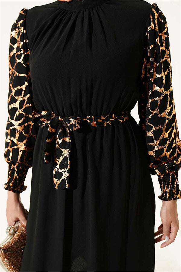 High Neck Patterned Tunic Camel