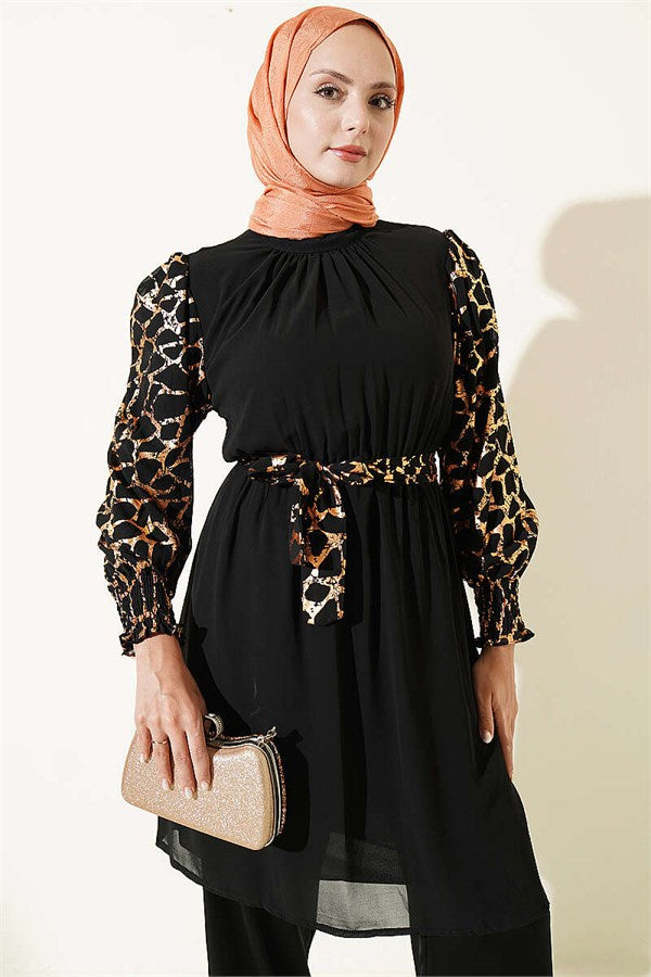 High Neck Patterned Tunic Camel