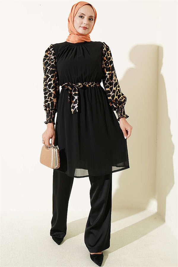 High Neck Patterned Tunic Camel