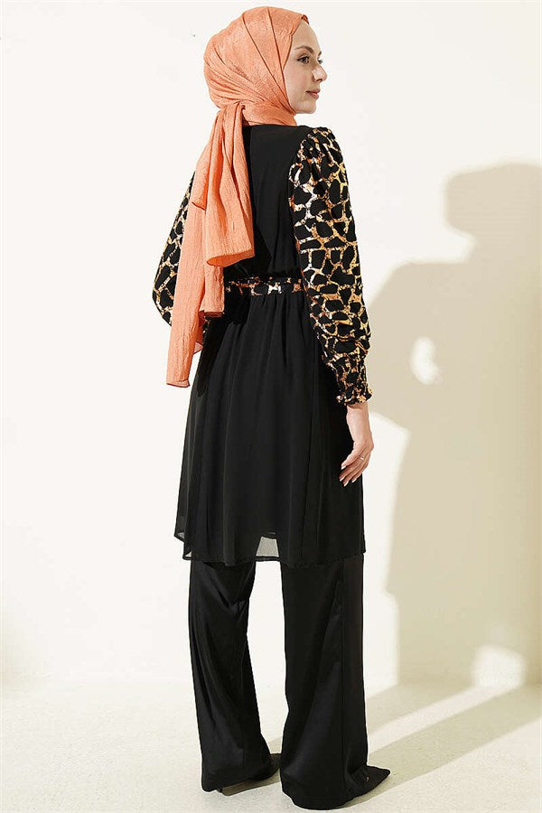 High Neck Patterned Tunic Camel