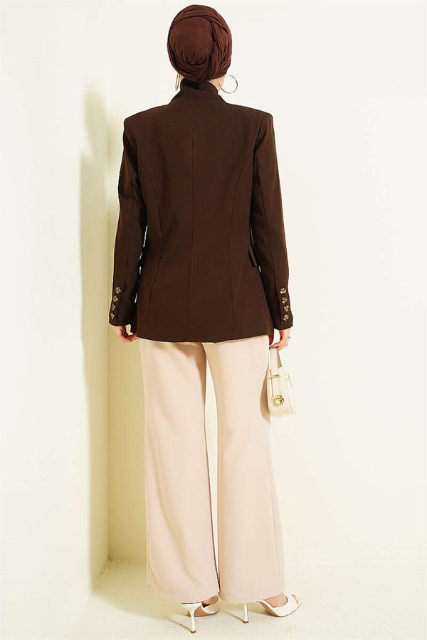 Stand-Up Collar Button-Down Blazer Jacket, Brown