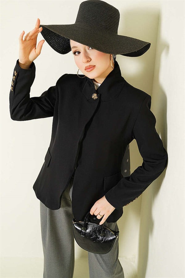 Stand-Up Collar Button-Down Blazer Jacket, Black