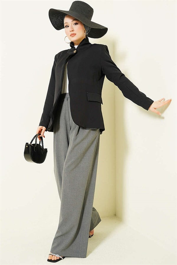 Stand-Up Collar Button-Down Blazer Jacket, Black