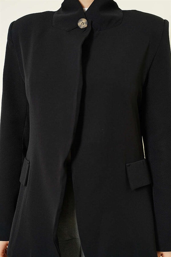 Stand-Up Collar Button-Down Blazer Jacket, Black