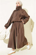Stand-Up Collar Button-Down 2 Piece Set in Coffee Brown