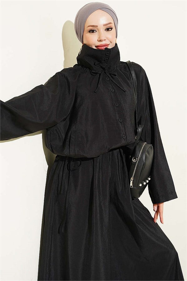 Stand-Up Collar Buttoned 2 Piece Set, Black