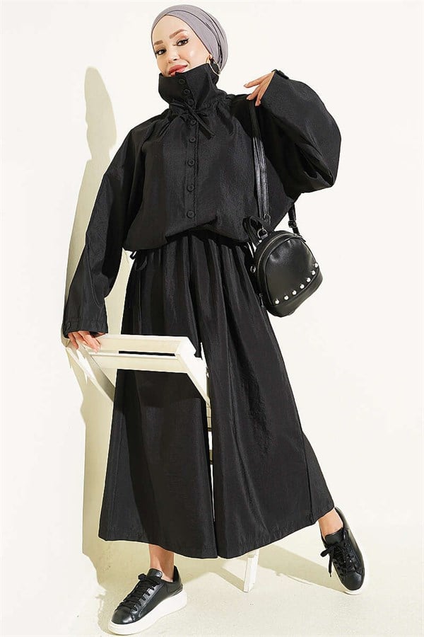 Stand-Up Collar Buttoned 2 Piece Set, Black