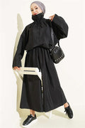 Stand-Up Collar Buttoned 2 Piece Set, Black