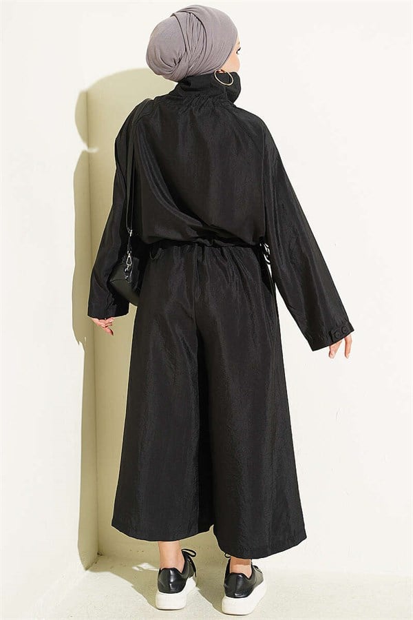 Stand-Up Collar Buttoned 2 Piece Set, Black