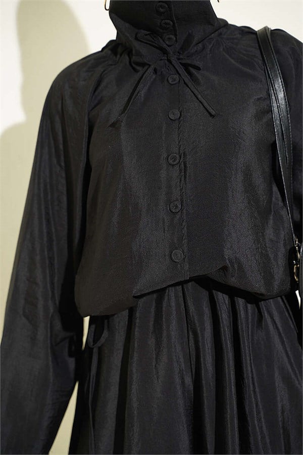 Stand-Up Collar Buttoned 2 Piece Set, Black
