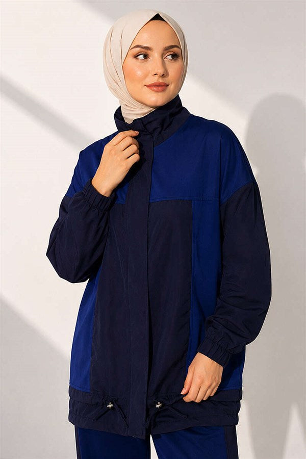 High-Neck Zip-Up 2 Piece Set in Navy Blue