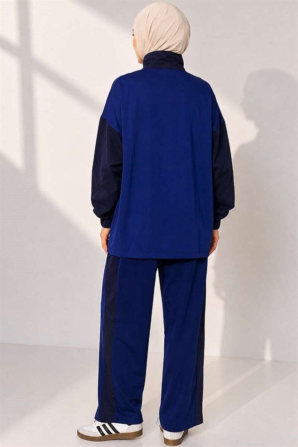 High-Neck Zip-Up 2 Piece Set in Navy Blue