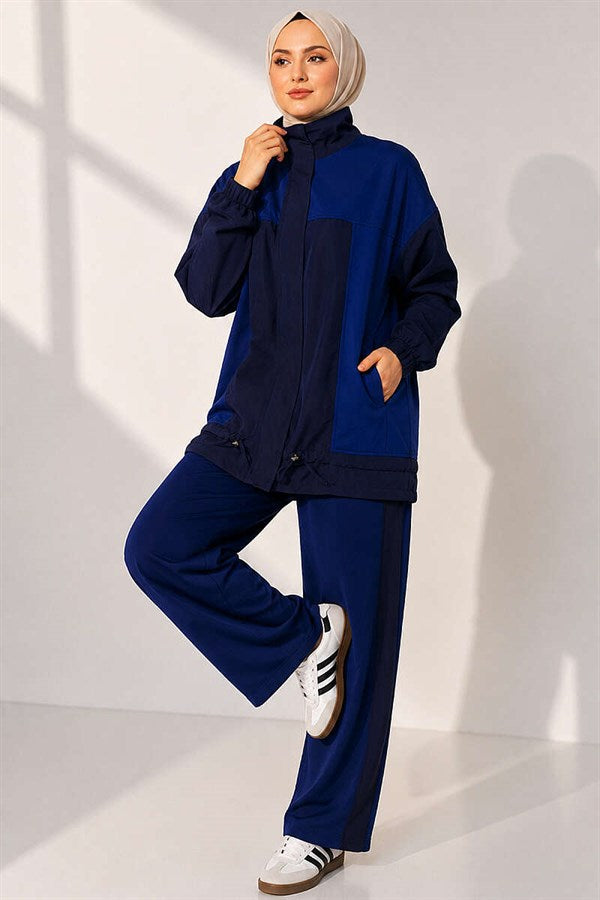 High-Neck Zip-Up 2 Piece Set in Navy Blue