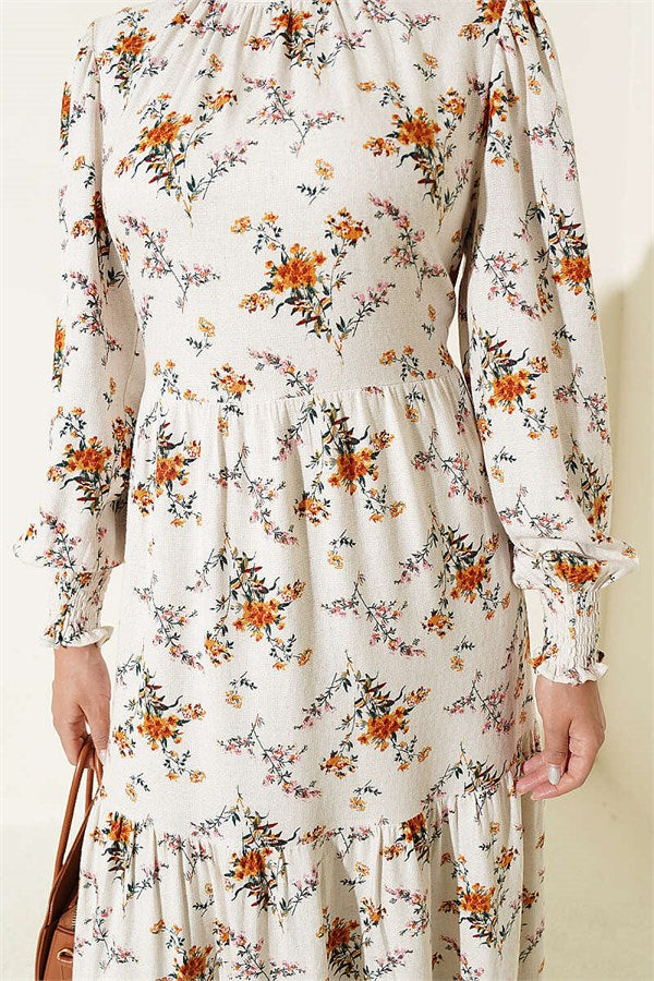 High-Neck Gipel Floral Print Dress, Beige