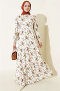 High-Neck Gipel Floral Print Dress, Beige
