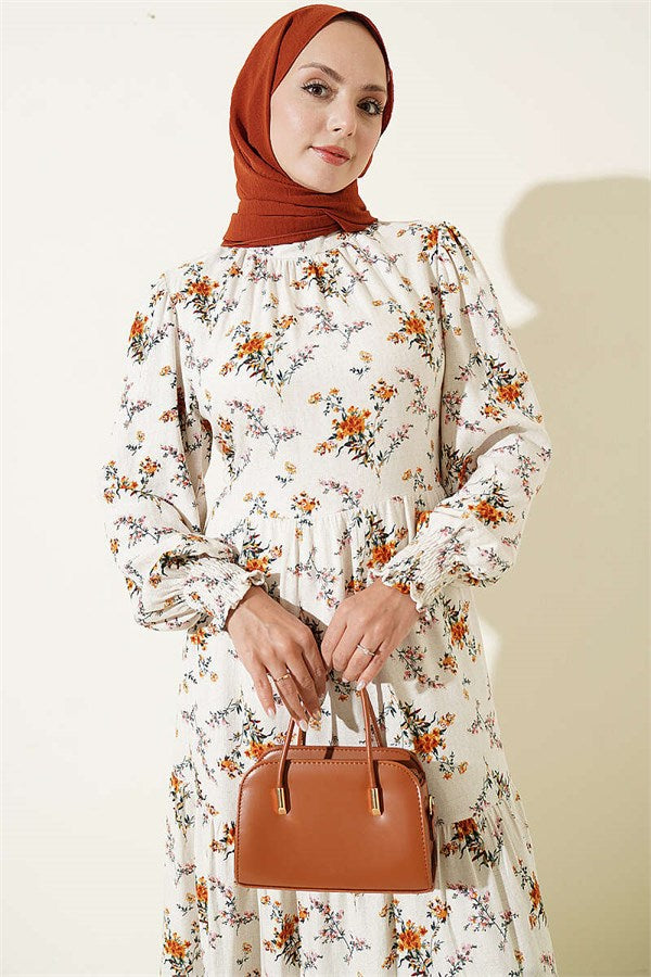 High-Neck Gipel Floral Print Dress, Beige