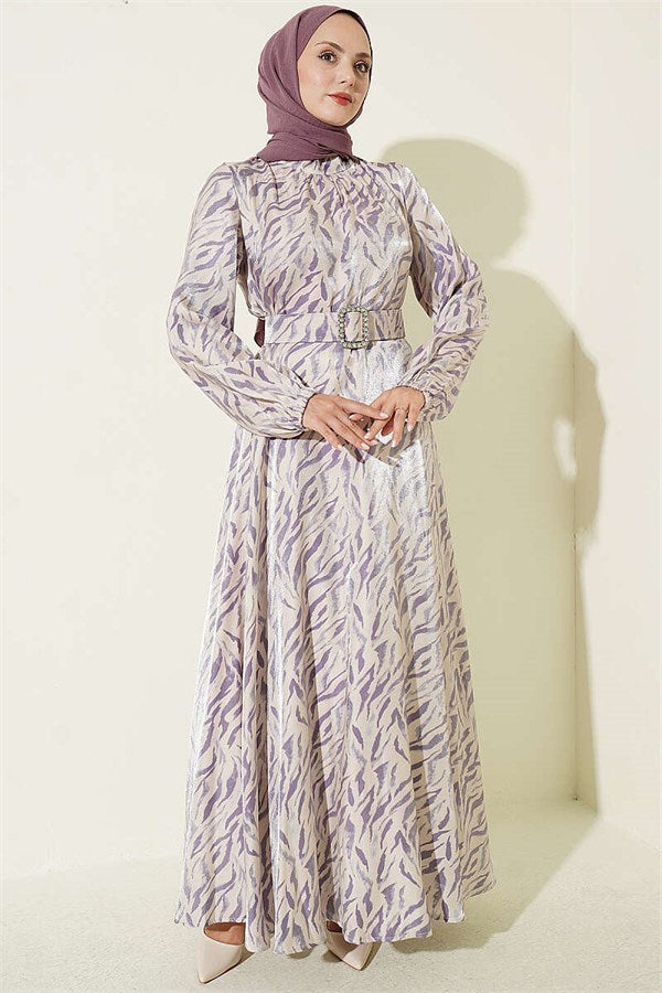 High-Neck Jacquard Patterned Dress Lilac