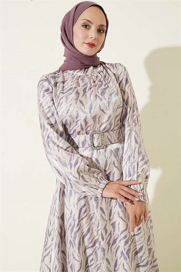 High-Neck Jacquard Patterned Dress Lilac
