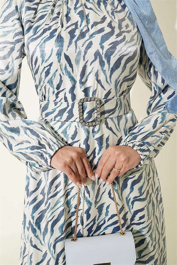 High-Neck Jacquard Patterned Dress, Blue
