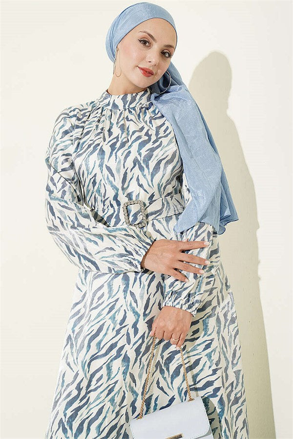 High-Neck Jacquard Patterned Dress, Blue
