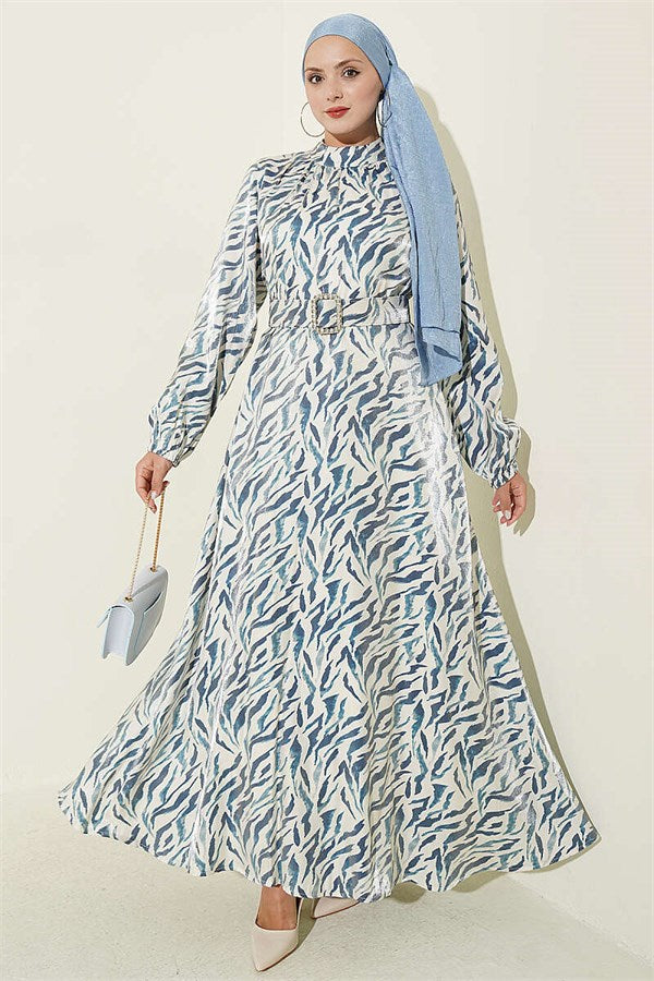 High-Neck Jacquard Patterned Dress, Blue