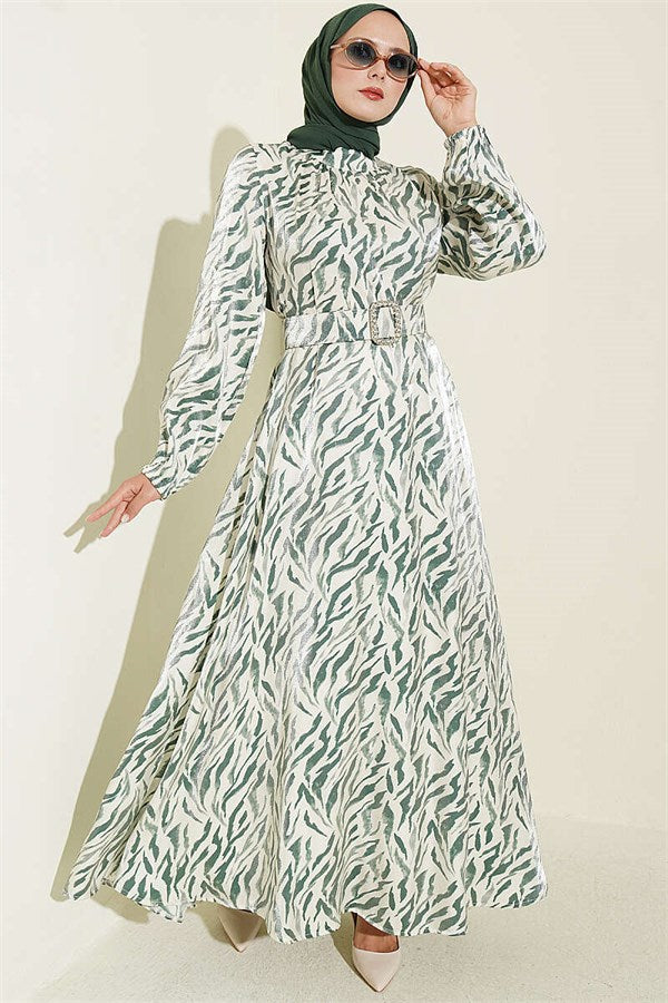 High-Neck Jacquard Patterned Dress Green