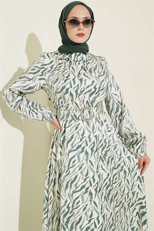 High-Neck Jacquard Patterned Dress Green