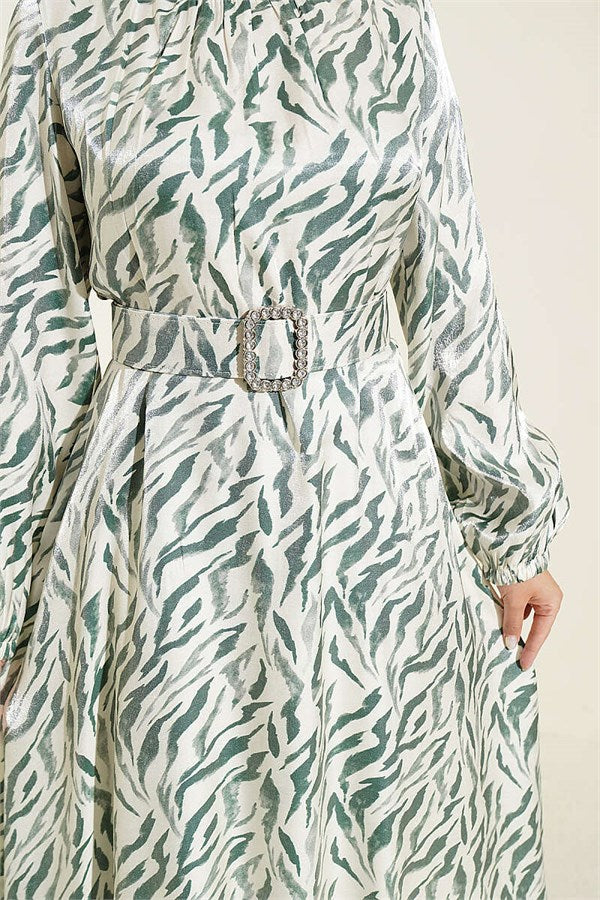 High-Neck Jacquard Patterned Dress Green