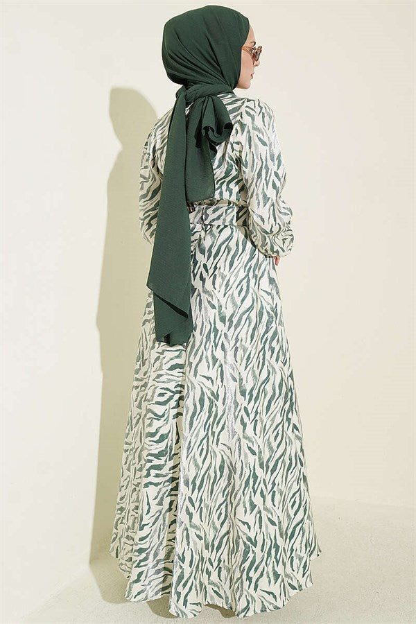 High-Neck Jacquard Patterned Dress Green