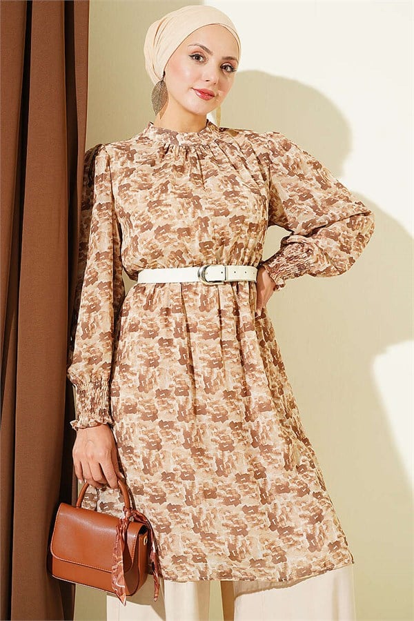 High Neck Mixed Pattern Chiffon Tunic Camel