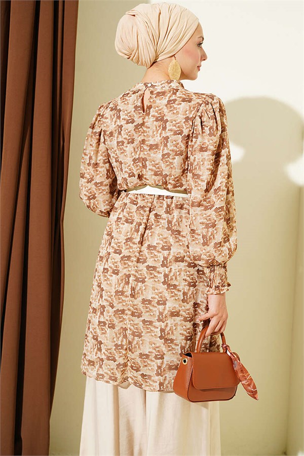 High Neck Mixed Pattern Chiffon Tunic Camel