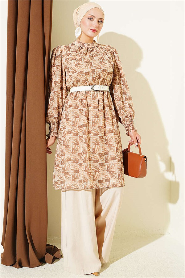 High Neck Mixed Pattern Chiffon Tunic Camel